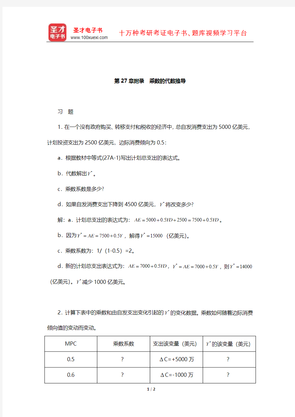 克鲁格曼《宏观经济学》课后习题详解(乘数的代数推导)