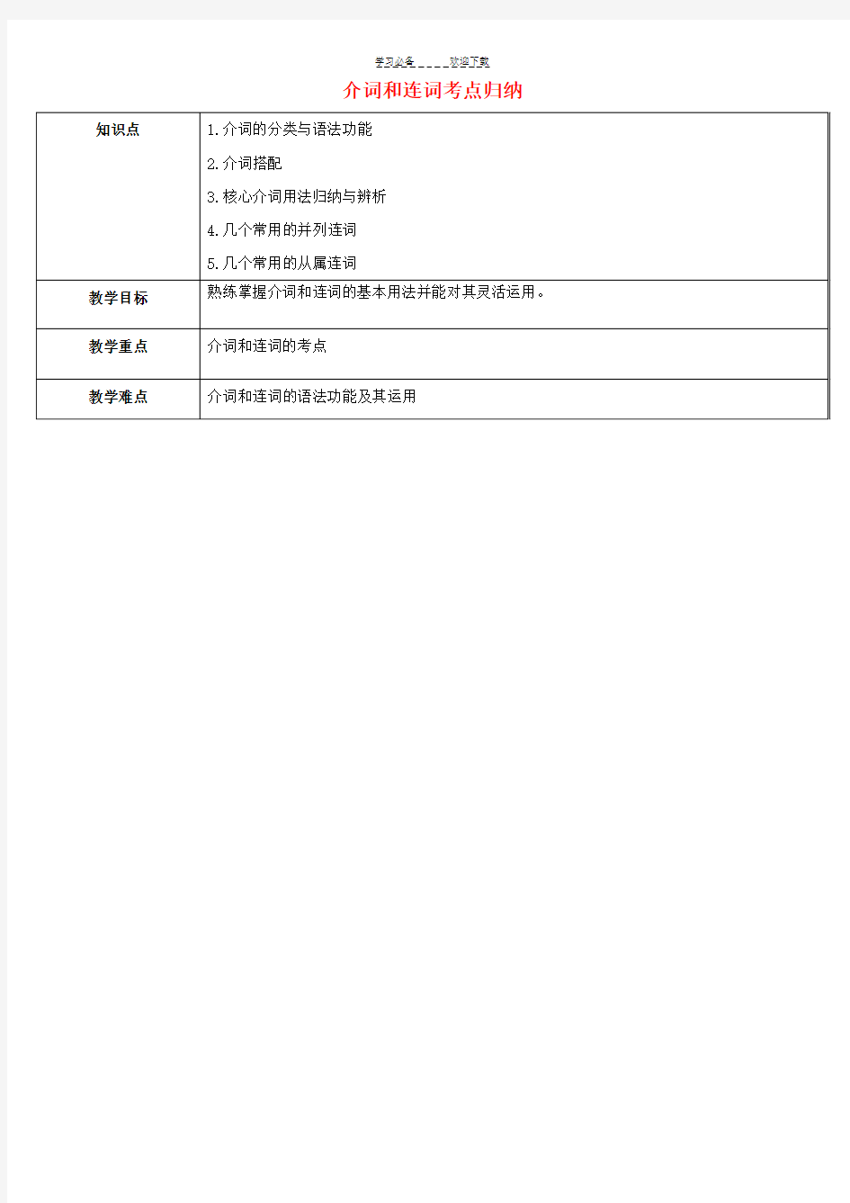 中考英语专题复习-介词和连词考点归纳教案