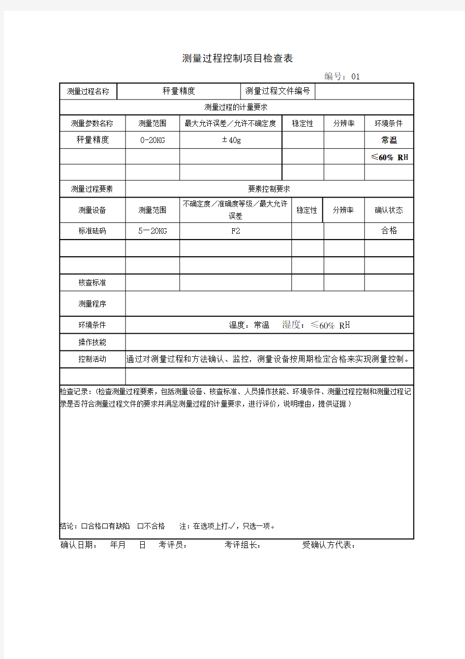 测量过程控制项目检查表