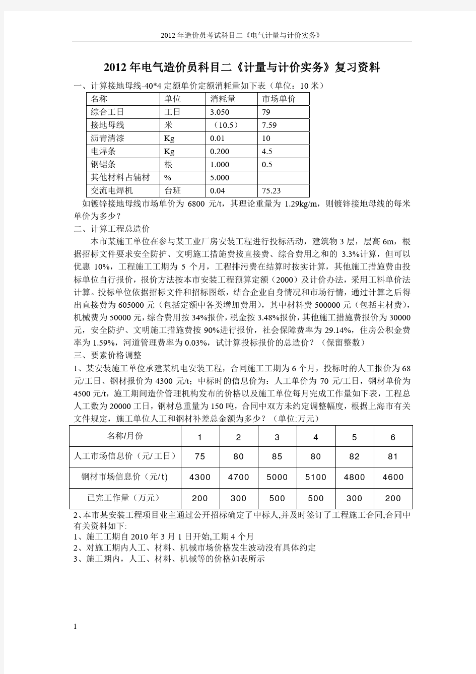 2012年电气造价员复习资料