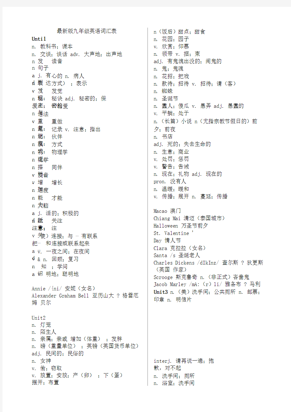 最新人教版九年级英语单词表(中文)