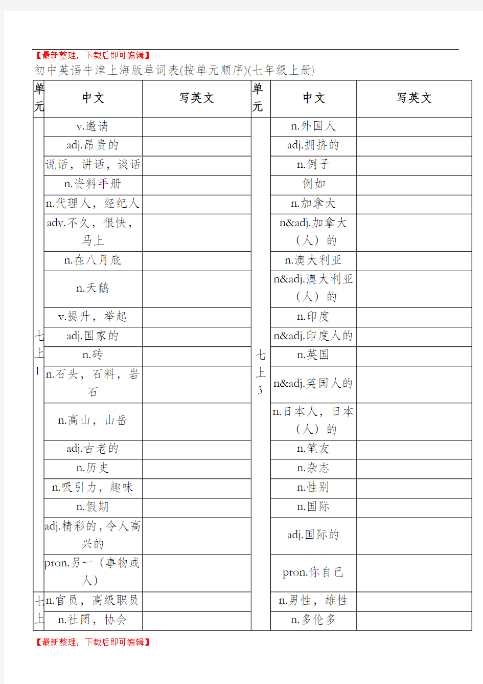 牛津版英语七上单词汉译英表格(完整资料).doc