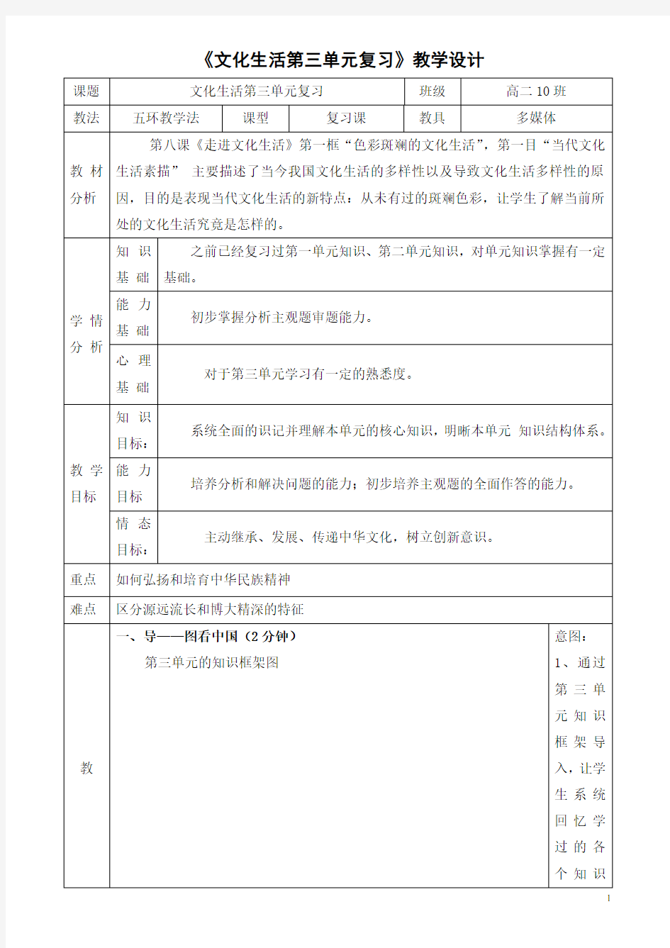 高二《文化生活第三单元复习》教学设计