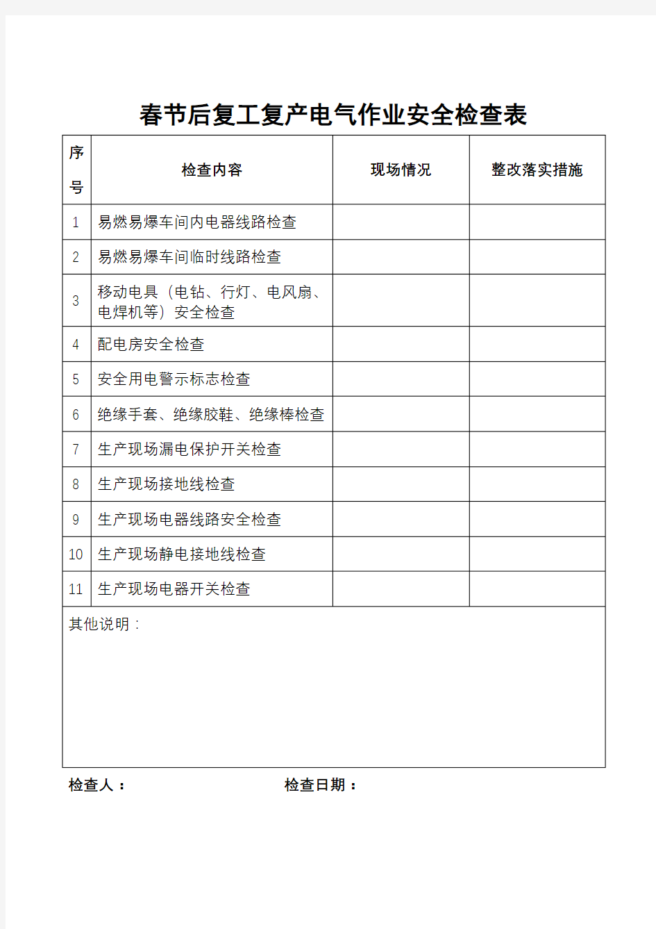 春节后复工复产电气作业安全检查表