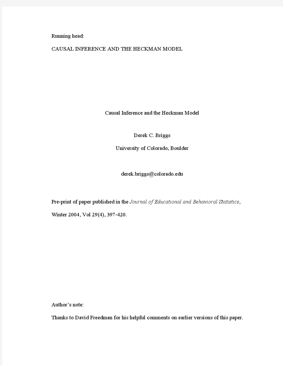 Running head CAUSAL INFERENCE AND THE HECKMAN MODEL Causal Inference and the Heckman Model