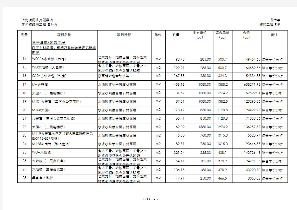 2013 上海五星级酒店精装修工程量清单计价(FIDIC清单格式)