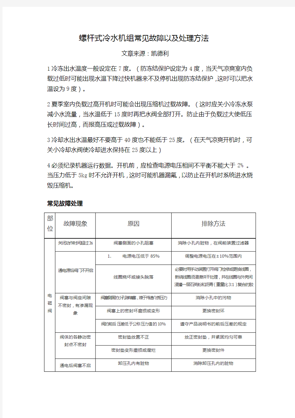 螺杆式冷水机组常见故障以及处理方法