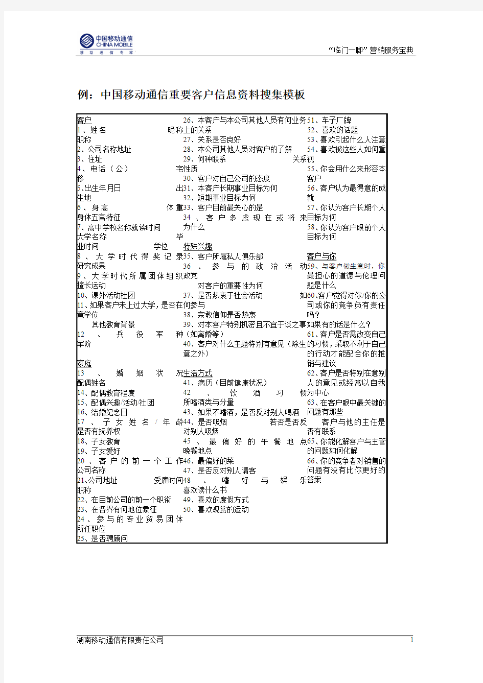 客户关系管理--客户数据库案例：中国移动通信重要客户信息资料搜集模板