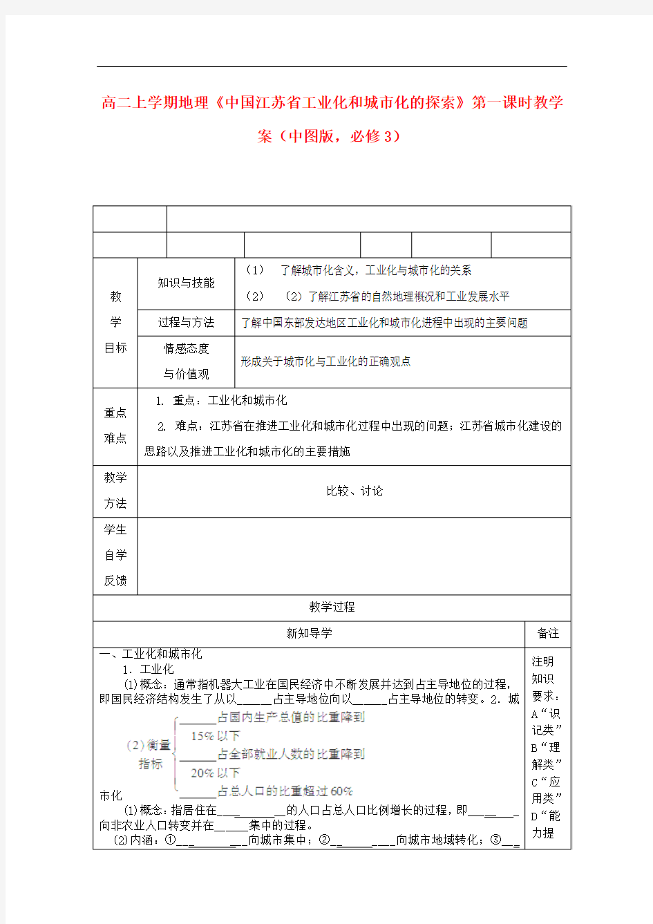 陕西省高二地理上学期《中国江苏省工业化和城市化的探索》第一课时教学案 中图版必修3