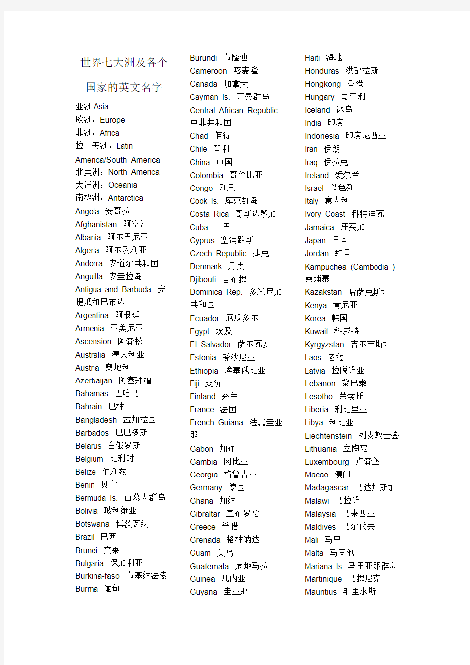世界七大洲及各个国家的英文名字