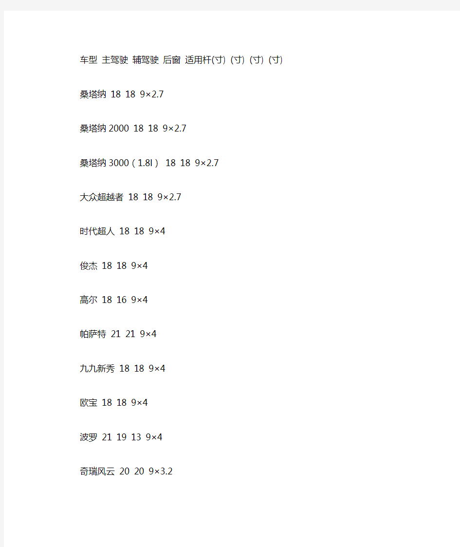 汽车雨刷片型号对照表