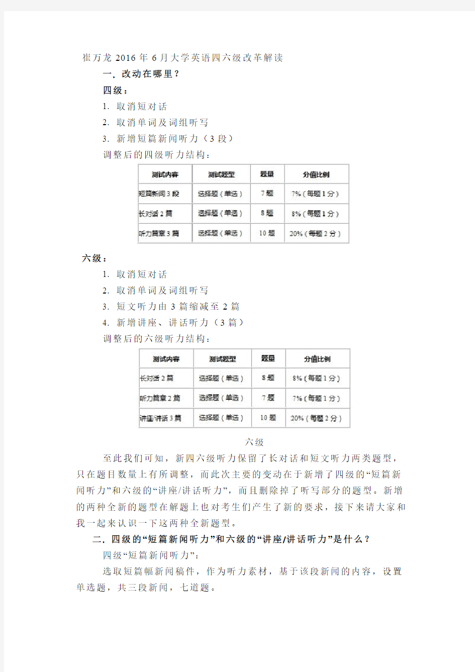 2016年6月大学英语四六级改革解读崔万龙参考