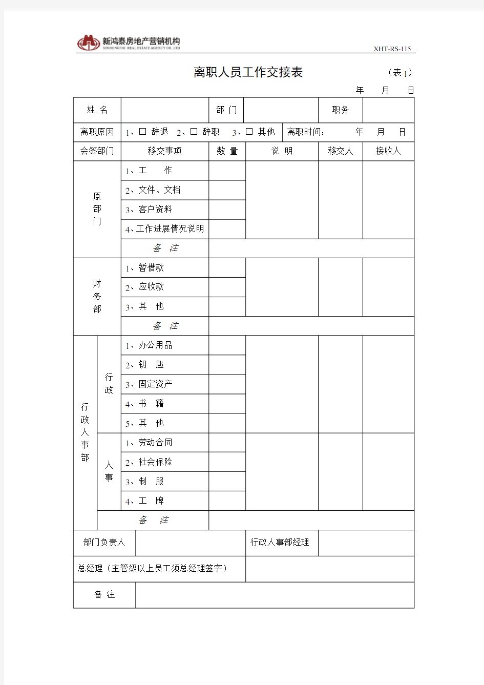 离职人员工作交接表