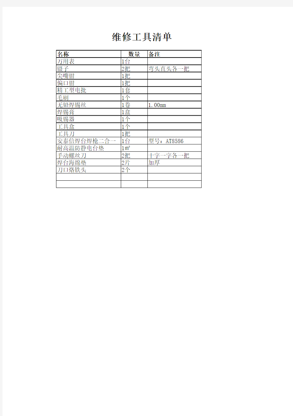 维修工具清单