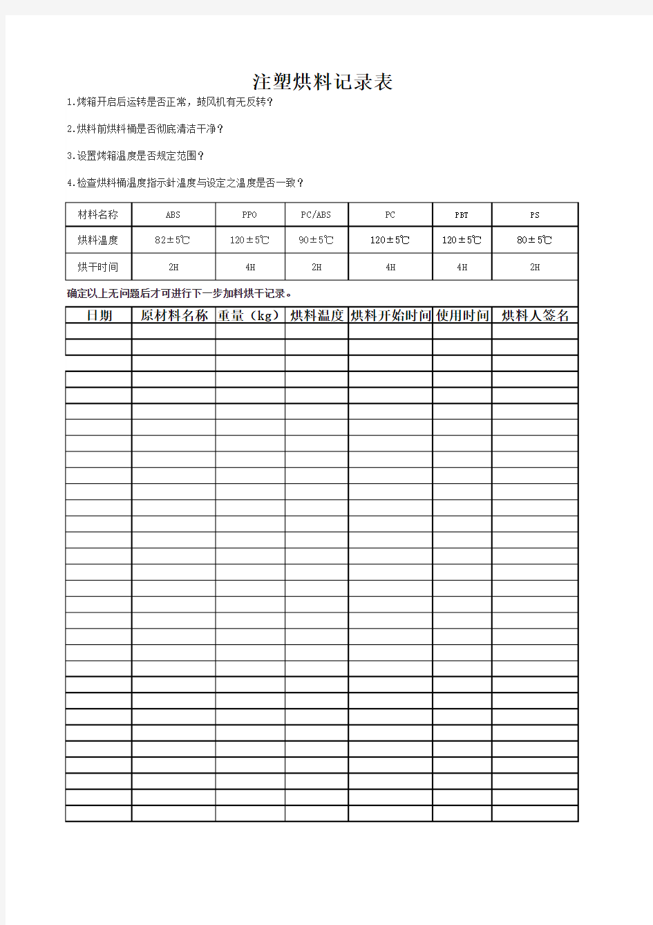 注塑烘料记录表