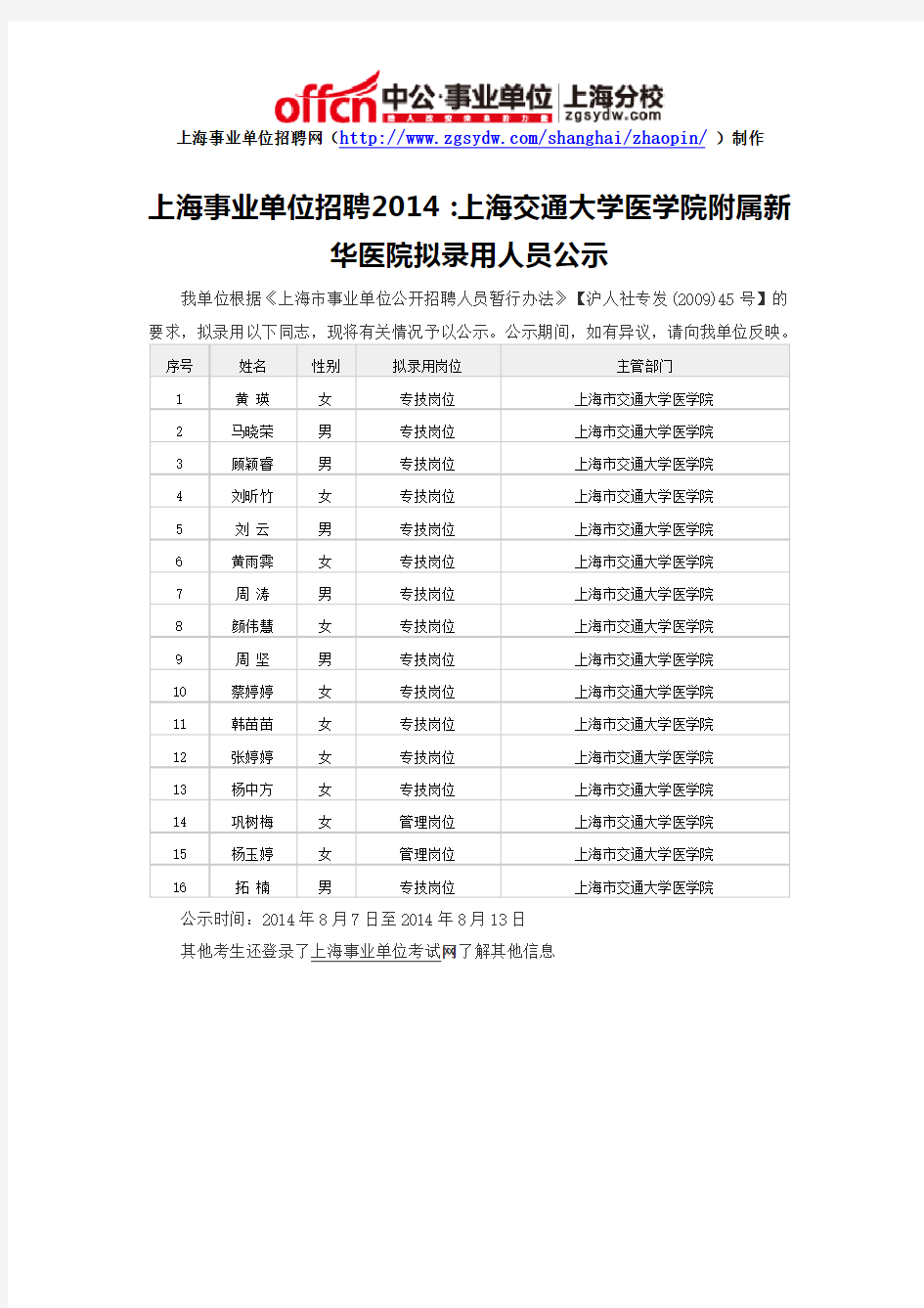 上海事业单位招聘2014：上海交通大学医学院附属新华医院拟录用人员公示