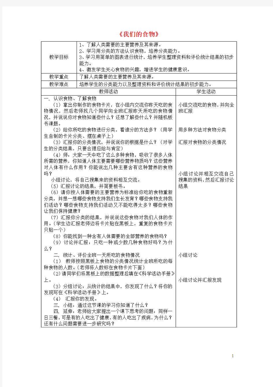 五年级科学下册《我们的食物》教学设计 版