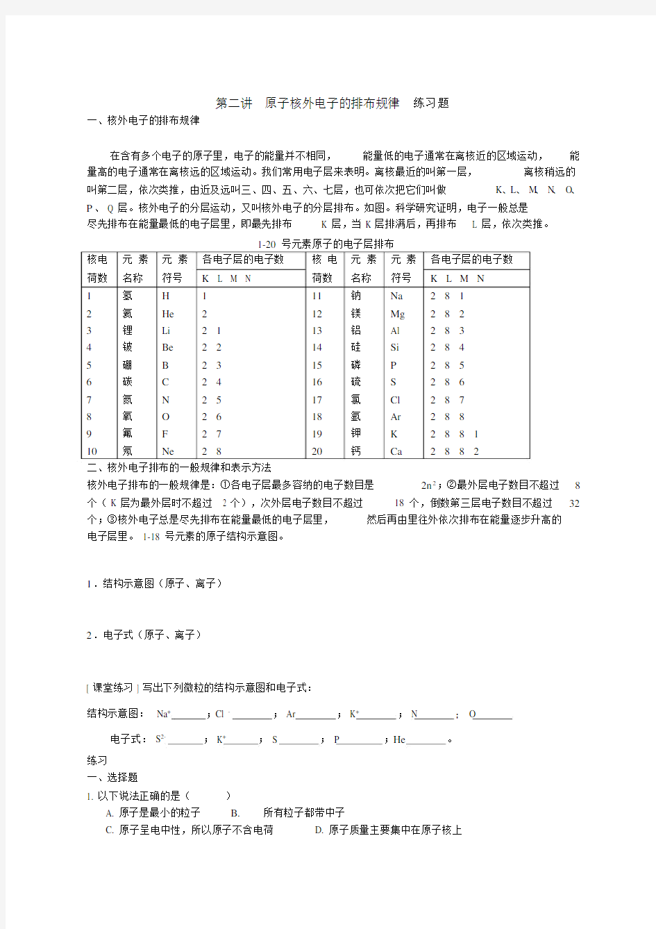 原子核外电子排布的规律练习题.docx