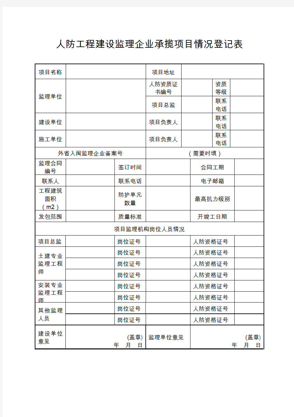 人防工程建设监理企业承揽项目情况登记表