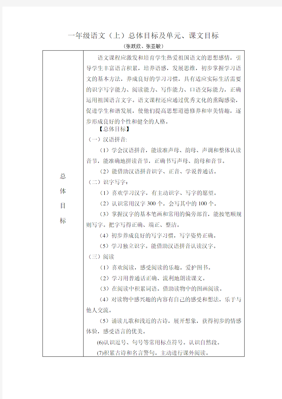 部编一年级语文(上)教学目标汇总