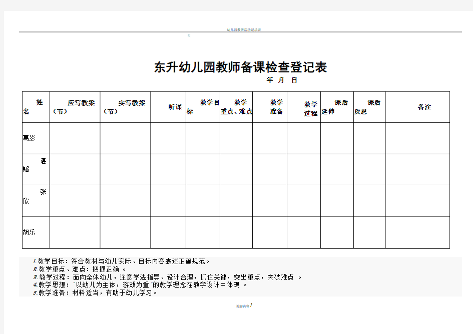 幼儿园教师备课检查登记表