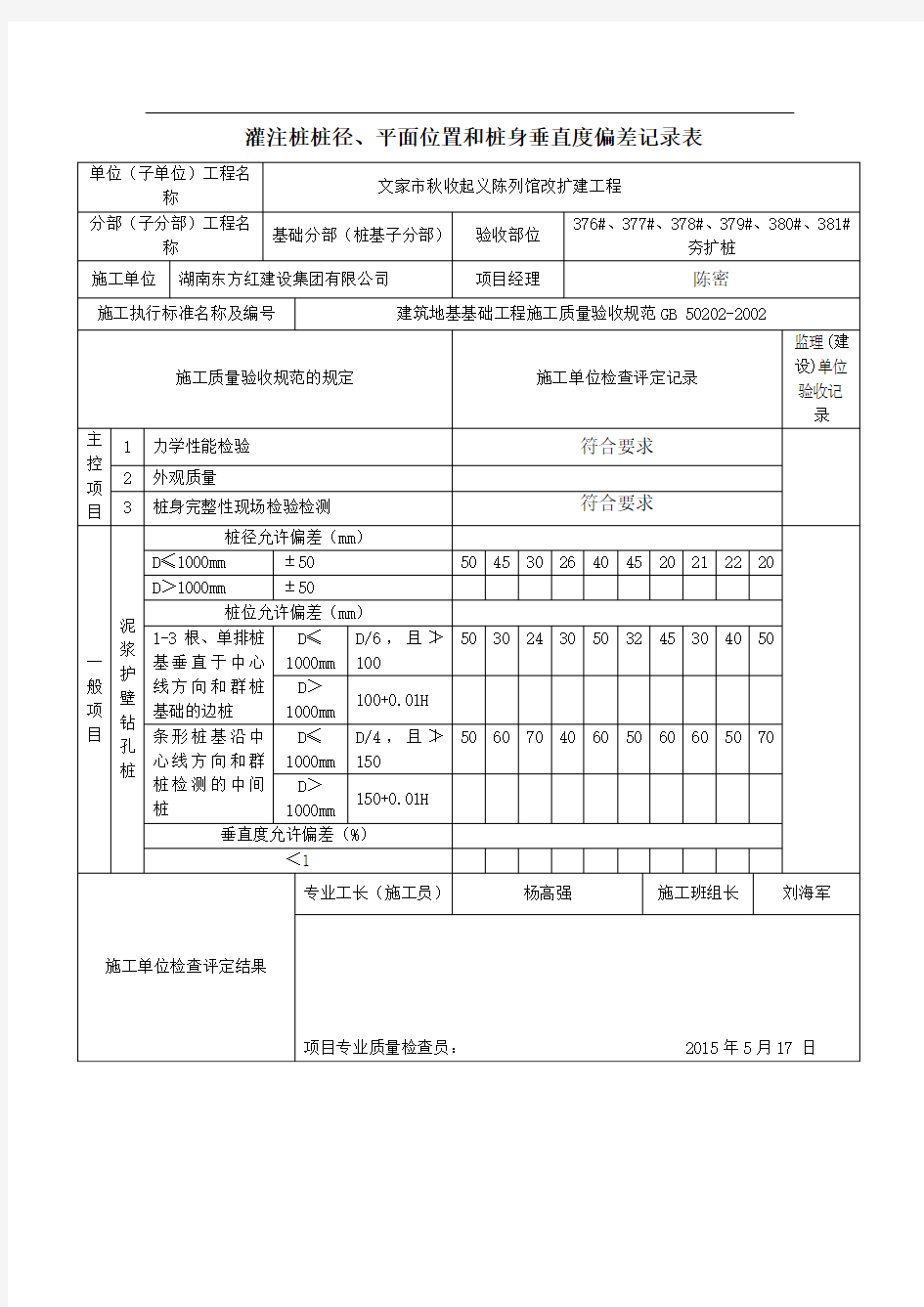 灌注桩桩径、平面位置和桩身垂直度偏差记录表