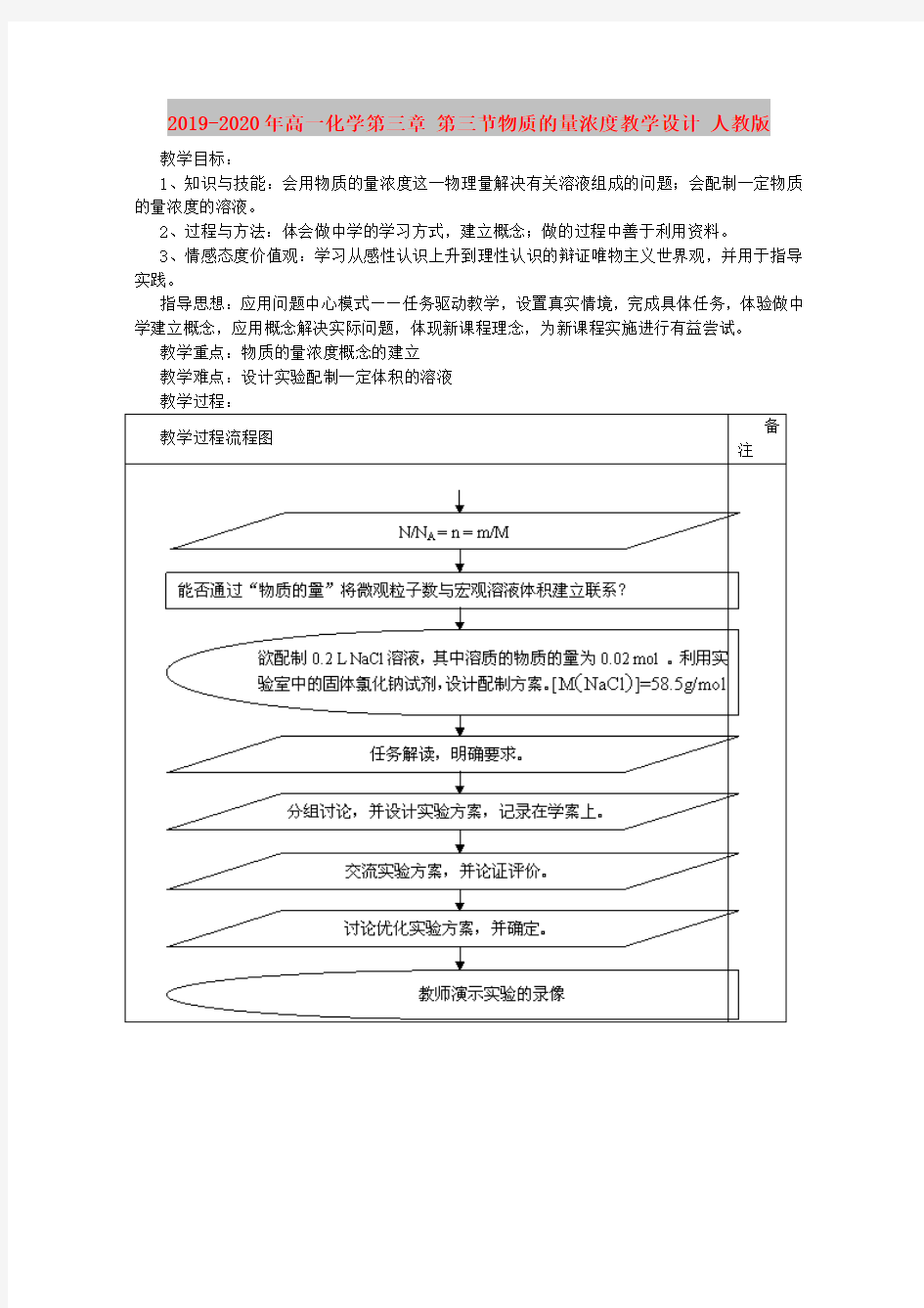 2019-2020年高一化学第三章 第三节物质的量浓度教学设计 人教版