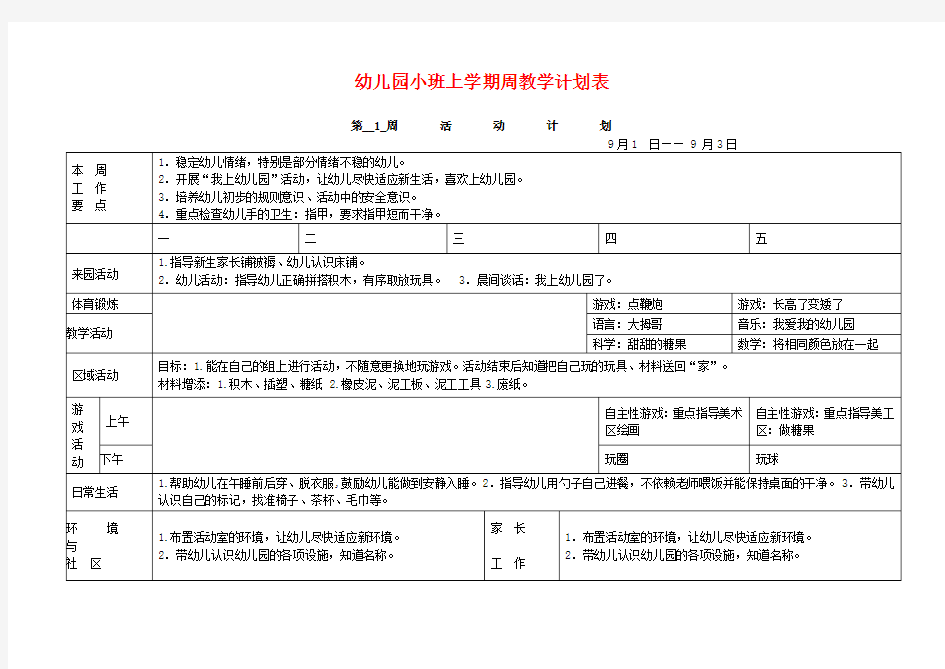 幼儿园小班上学期周教学计划表(17周)