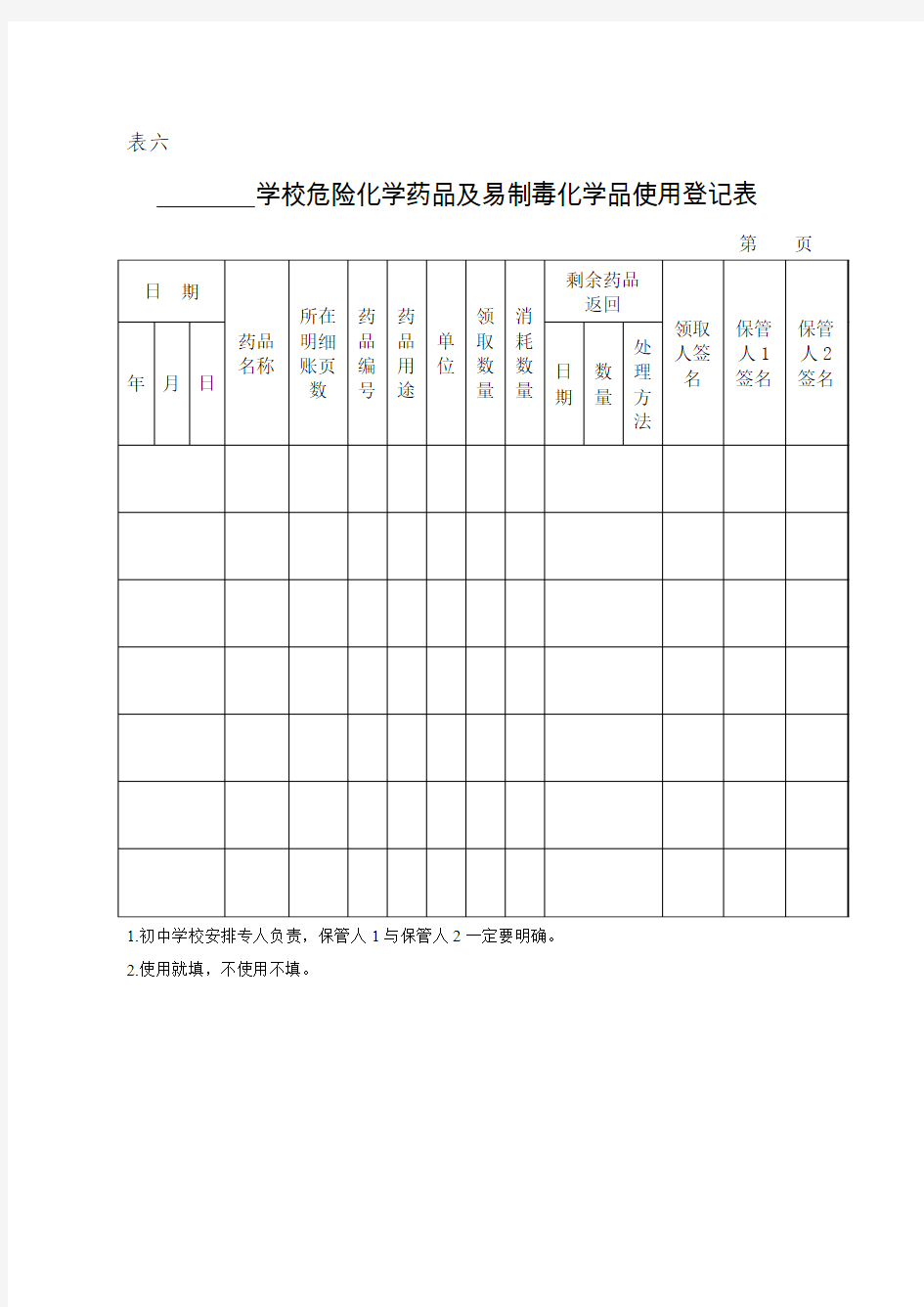 6 学校危险化学药品及易制毒化学品使用登记表