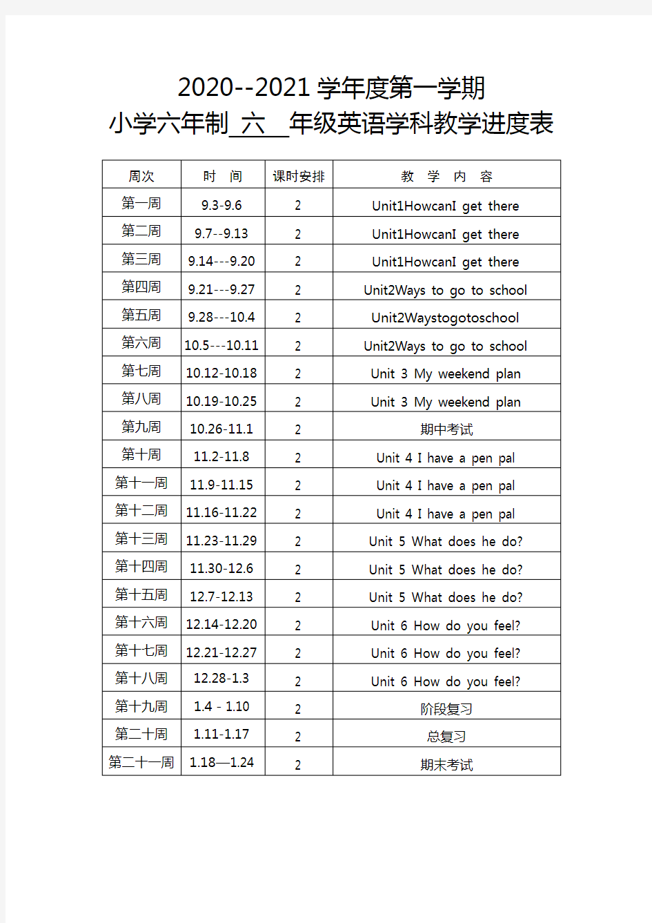 六年级英语教学进度表