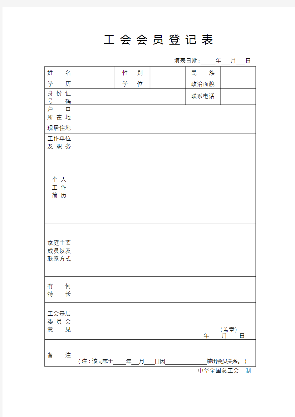 工会会员登记表【模板】