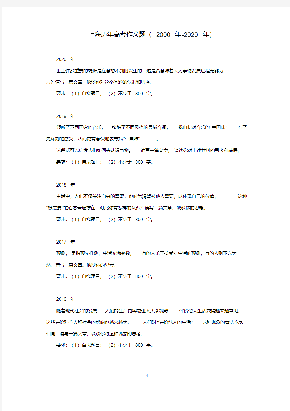 最新上海卷历年高考作文试题(2000年-2020年)整理