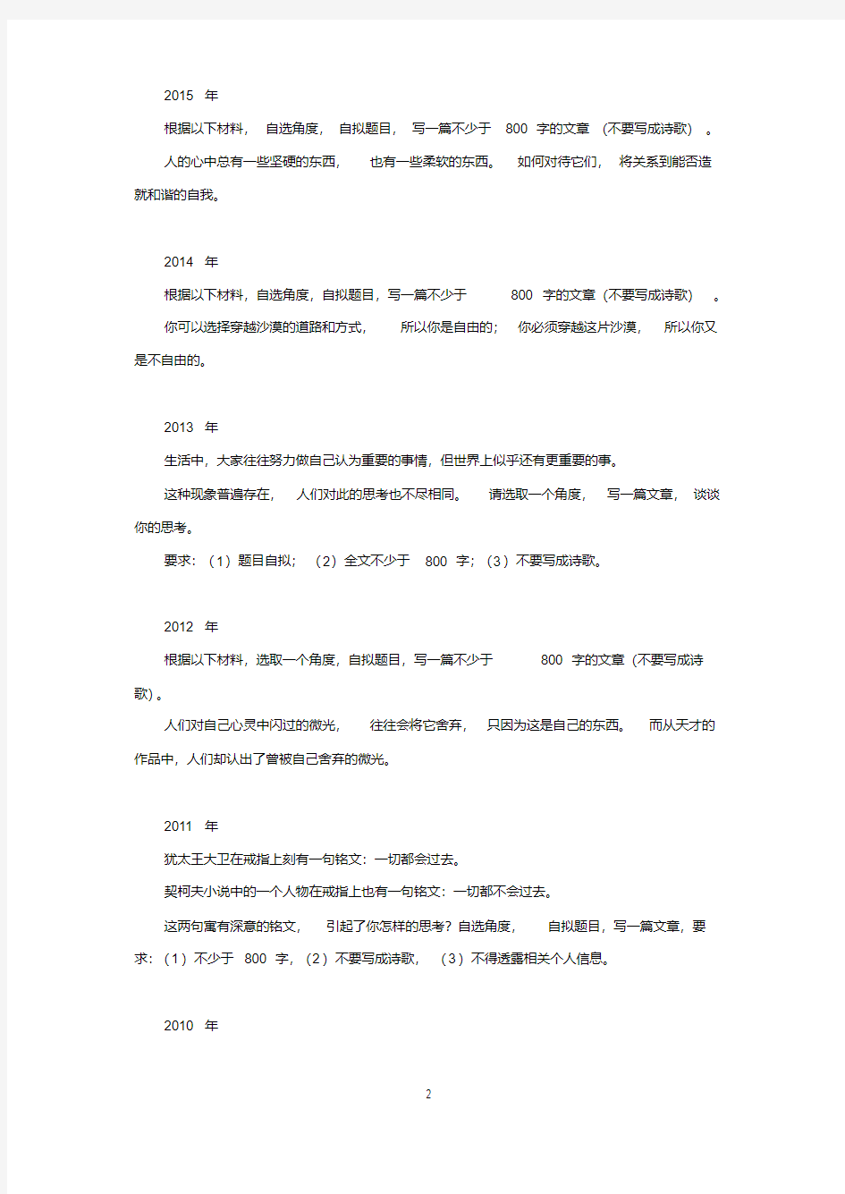 最新上海卷历年高考作文试题(2000年-2020年)整理