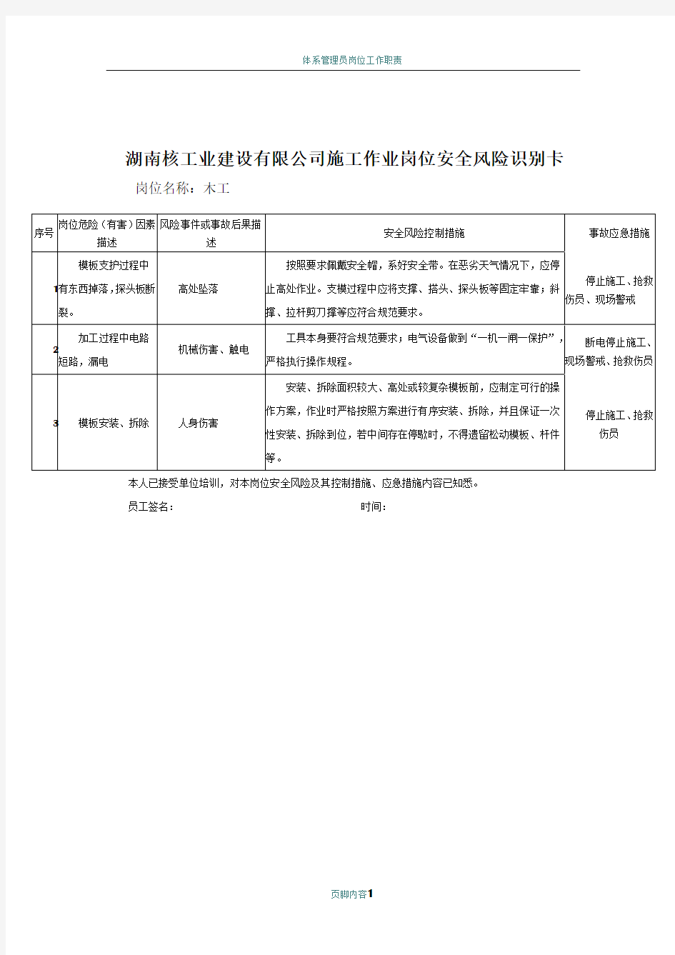 作业岗位安全风险识别卡