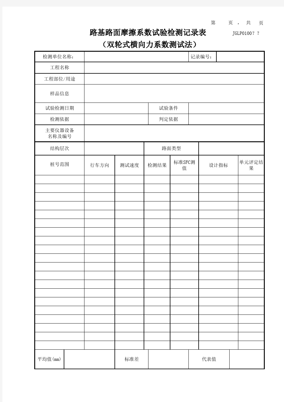 路基路面摩擦系数试验检测记录表(双轮式横向力系数测试法)