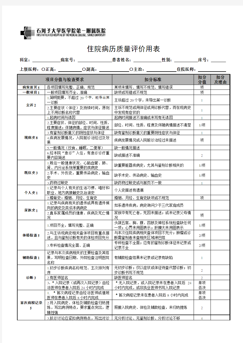 住院病历质量评价用表 版