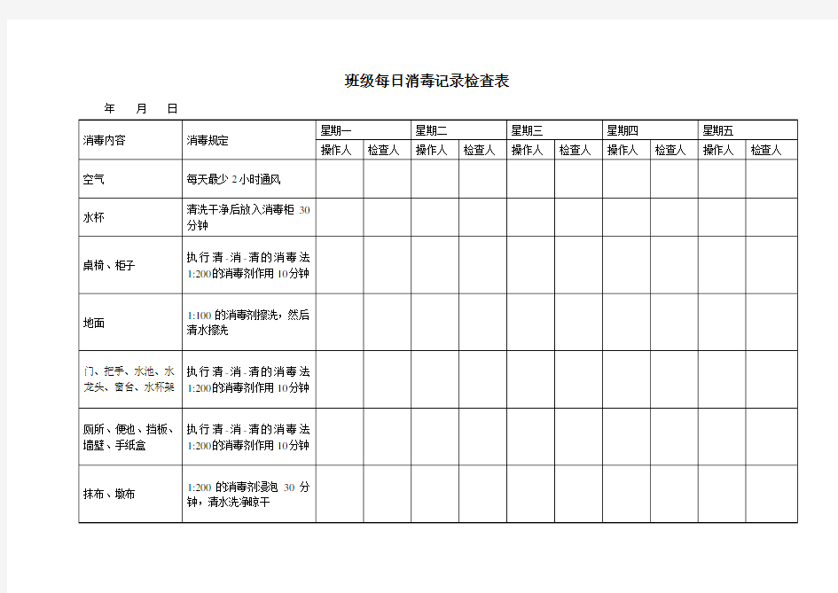 班级每日消毒记录检查表