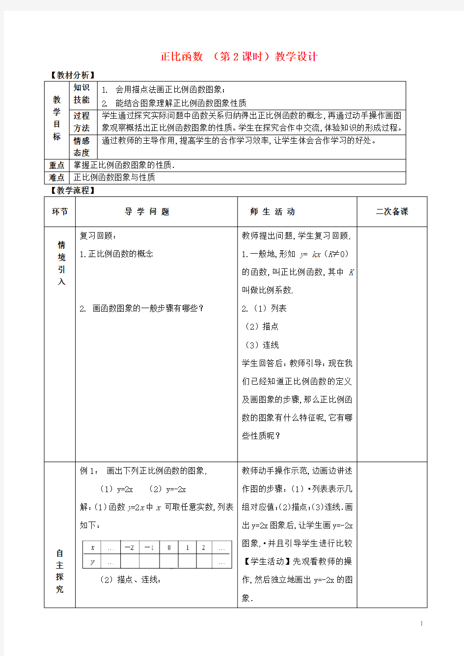 八年级数学下册-正比例函数第2课时教学设计