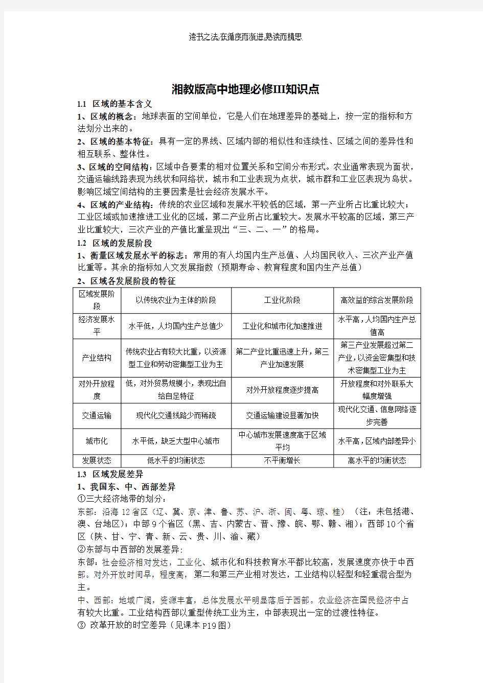 湘教版高中地理必修3区域地理知识点