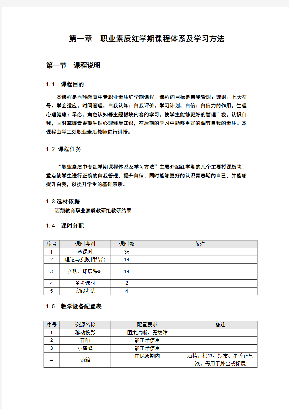 中职学校教学计划模板