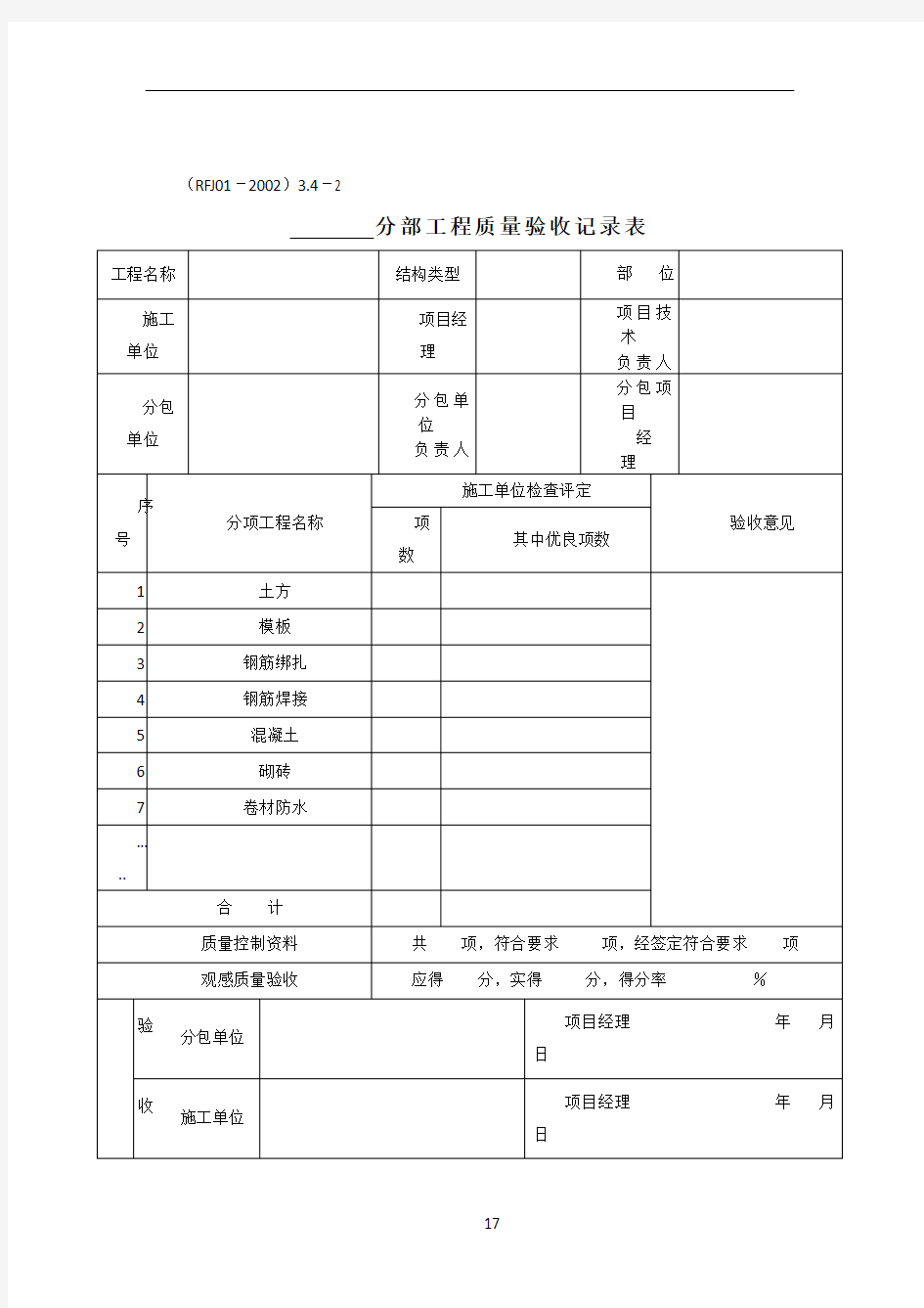 人防分部工程质量验收记录表(需做)