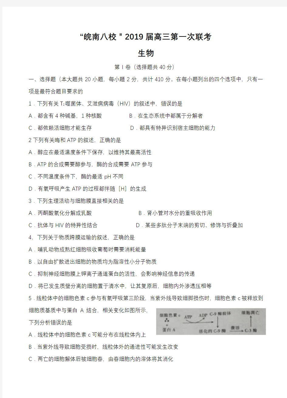 安徽省皖南八校2019届高三第一次联考试题生物试卷含答案