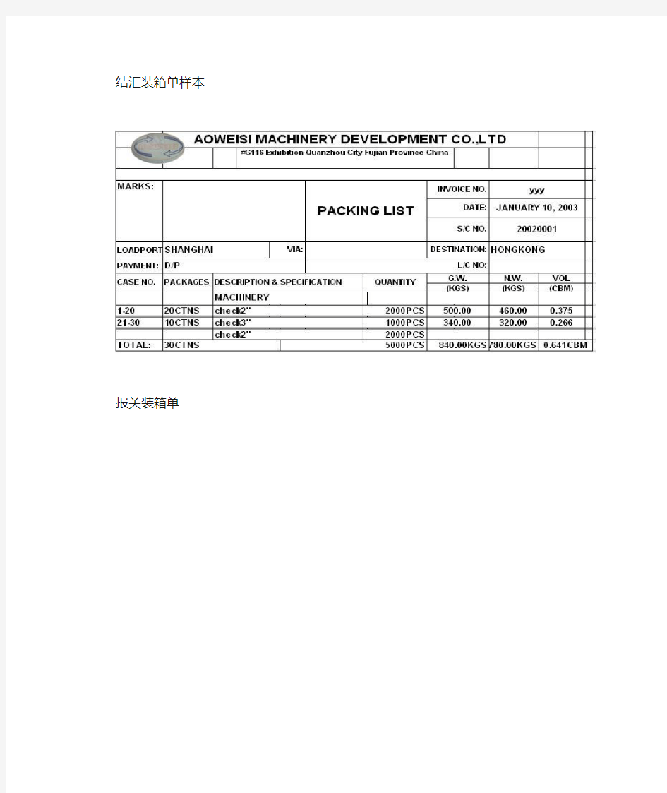 外贸单证全套知识报关装箱单表格格式