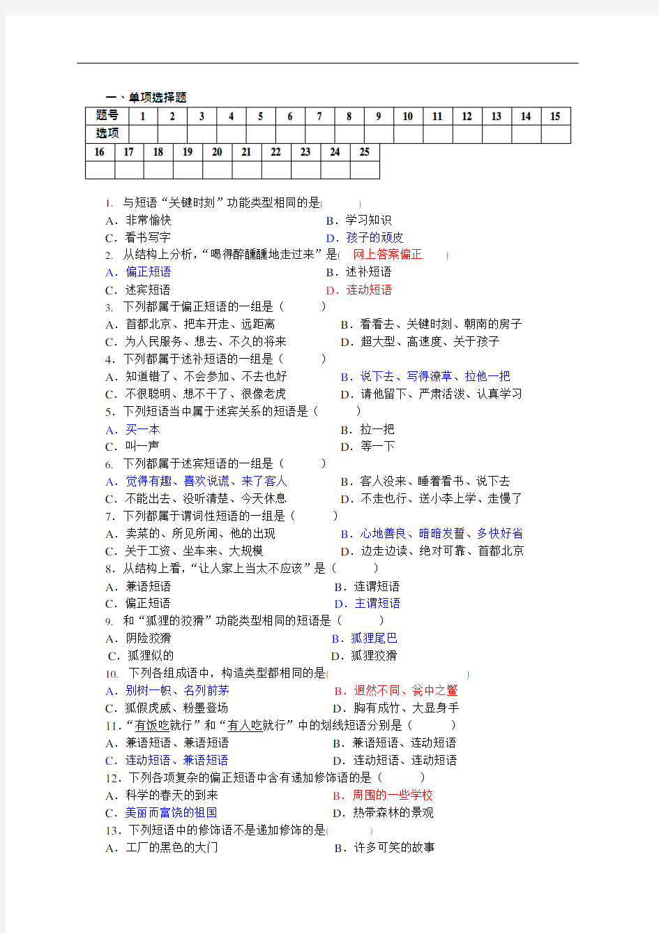 (完整版)现代汉语语法练习-短语(可编辑修改word版)