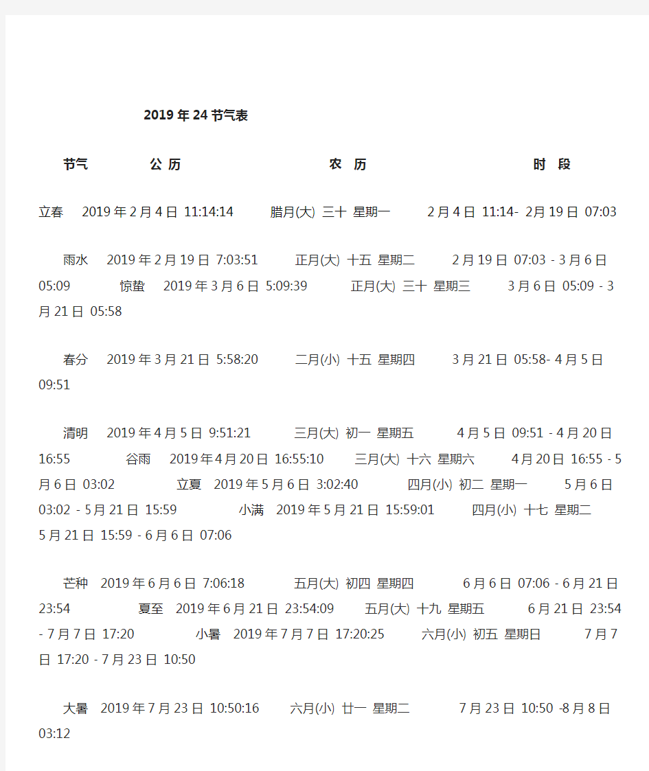 2019年24节气表时间表