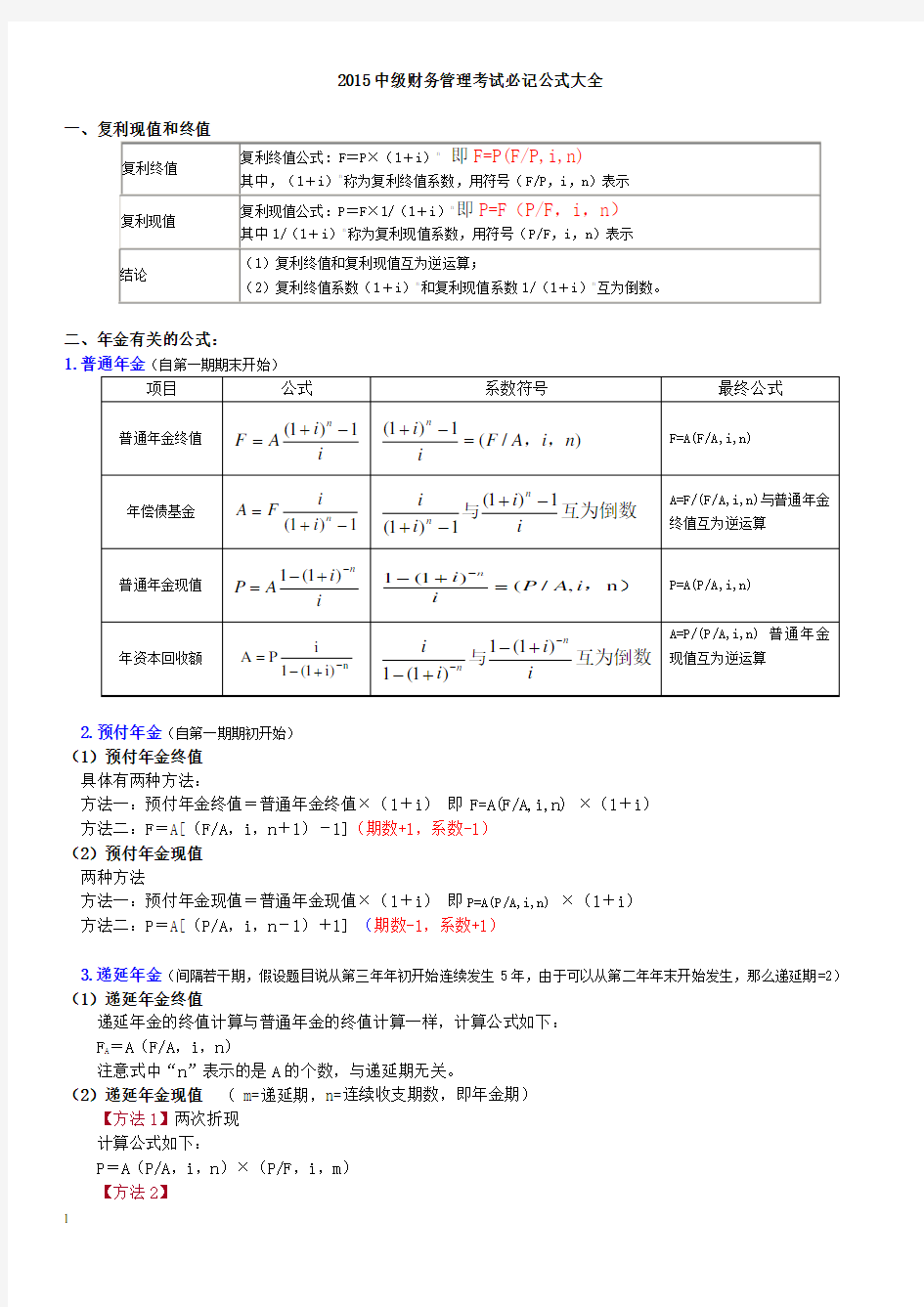 2017中级财务管理公式大全