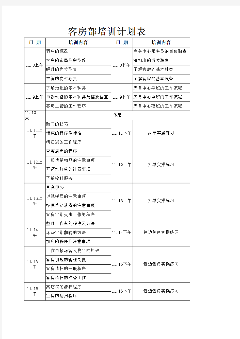 客房部培训计划表