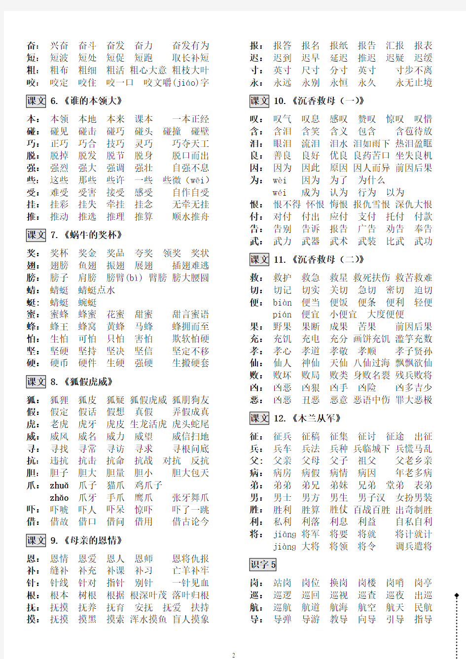 苏教版小学语文_二年级下册_生字表及组词