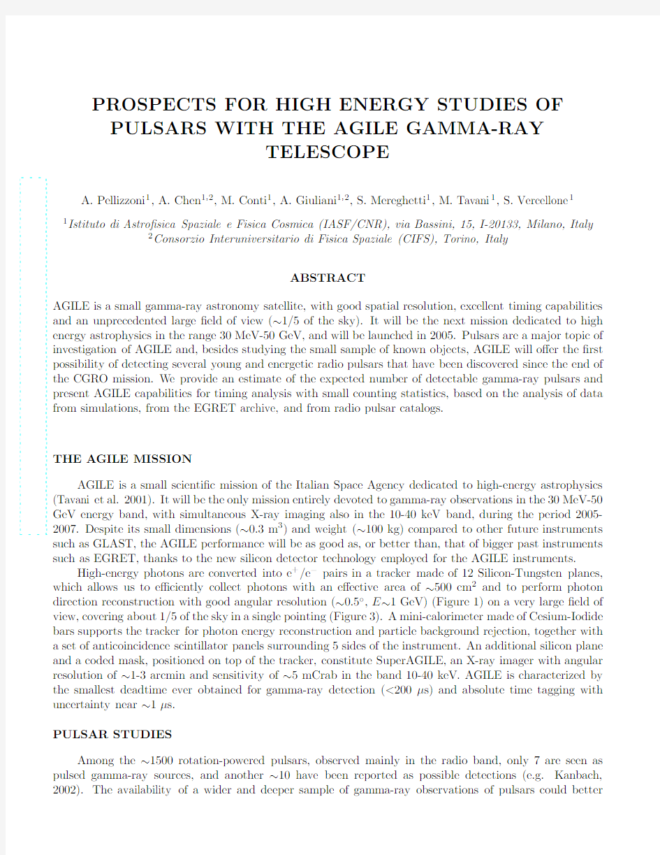 Prospects for High Energy Studies of Pulsars with the AGILE Gamma-Ray Telescope