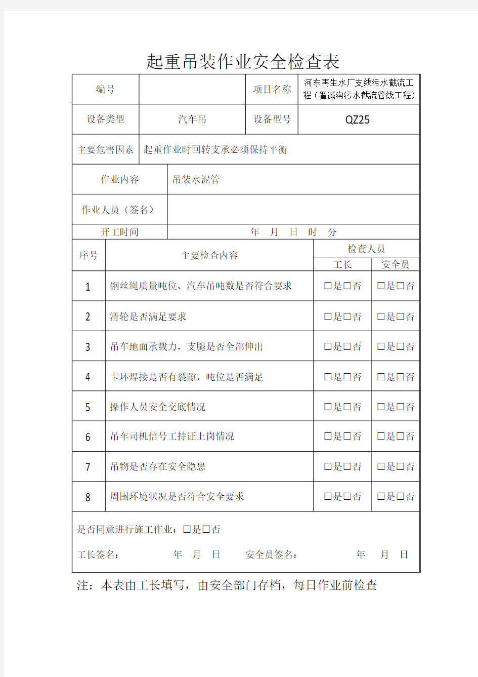 起重吊装作业安全检查表